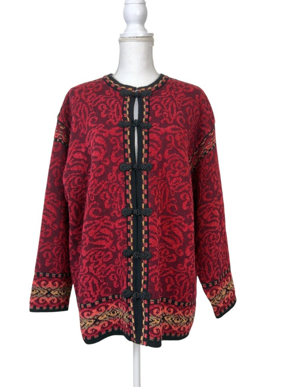 Nordic Design Vintage Cardigan Maroon Red Frog Buttons Size 2X
